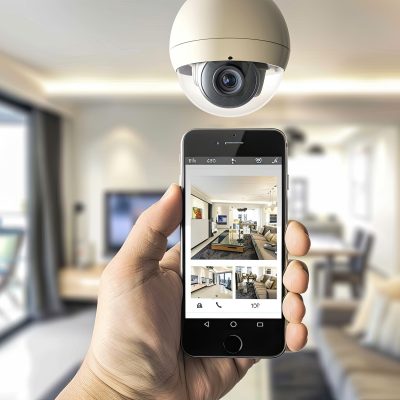 Person holding cell phone in front of security camera in living room A person is using a cell phone in front of a security camera inside a living room of a property. The gesture is captured on the display device for communication purposes